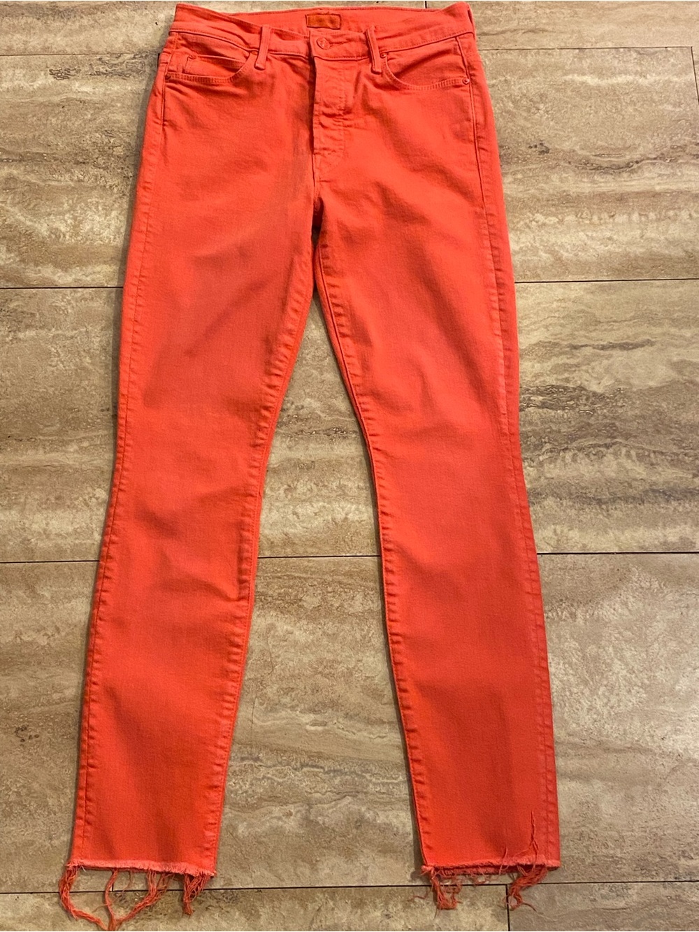 MOTHER Skinny Jeans in Vibrant Orange Fray Hemline Button Fly